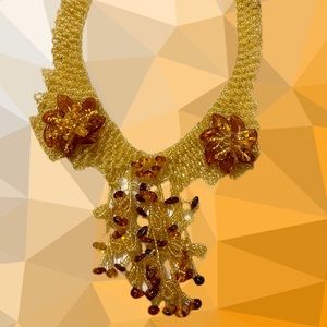 Vintage handcrafted gold seed bead Amber Necklace , Choker Collar